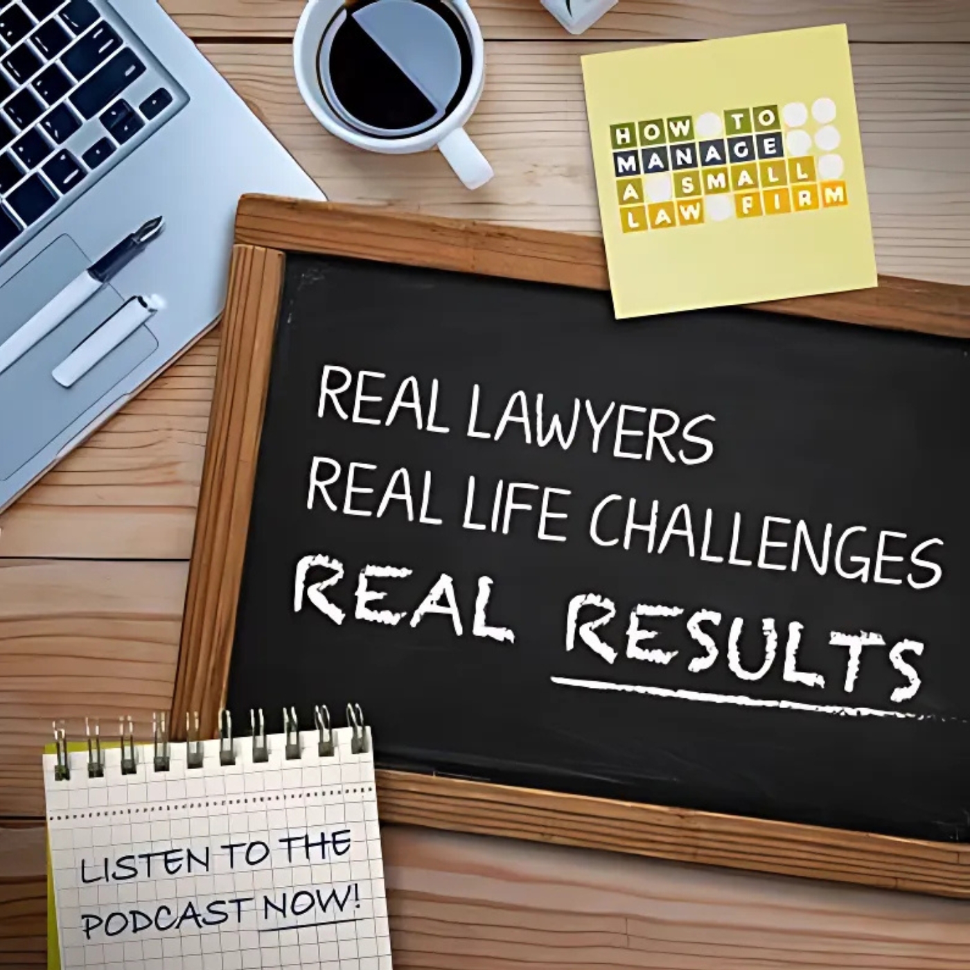 Real Lawyers by How To MANAGE a Small Law Firm podcast album art. Overhead image of a chalkboard with title of podcast. Yellow notepad with the How To MANAGE a Small Law Firm logo. Laptop, cup of black coffee and a notepad that says, "Listen to this podcast now!"